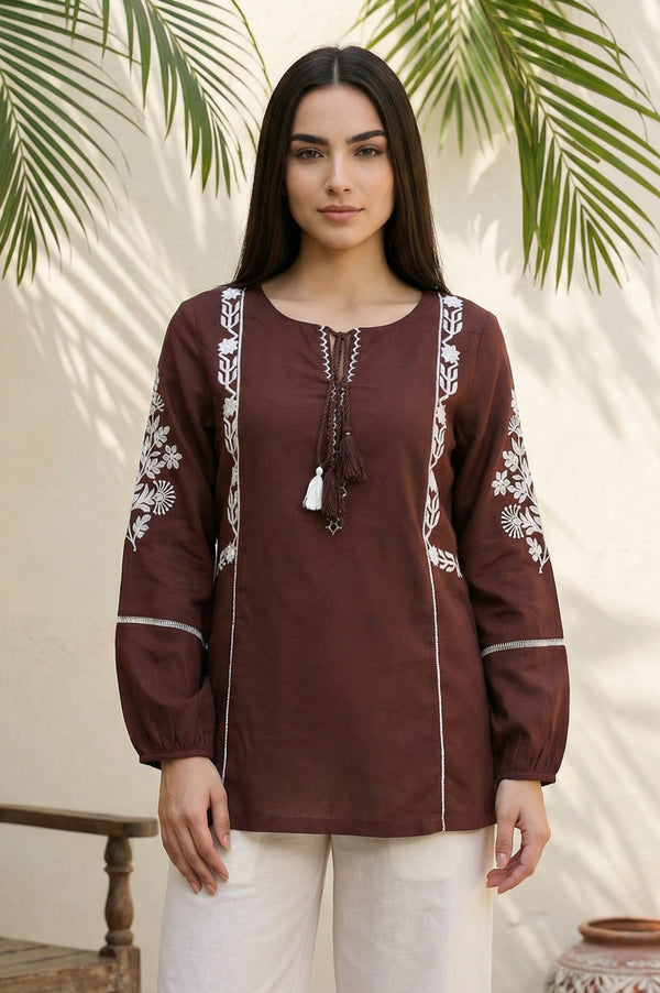 Brown Floral Embroidered Straight Top