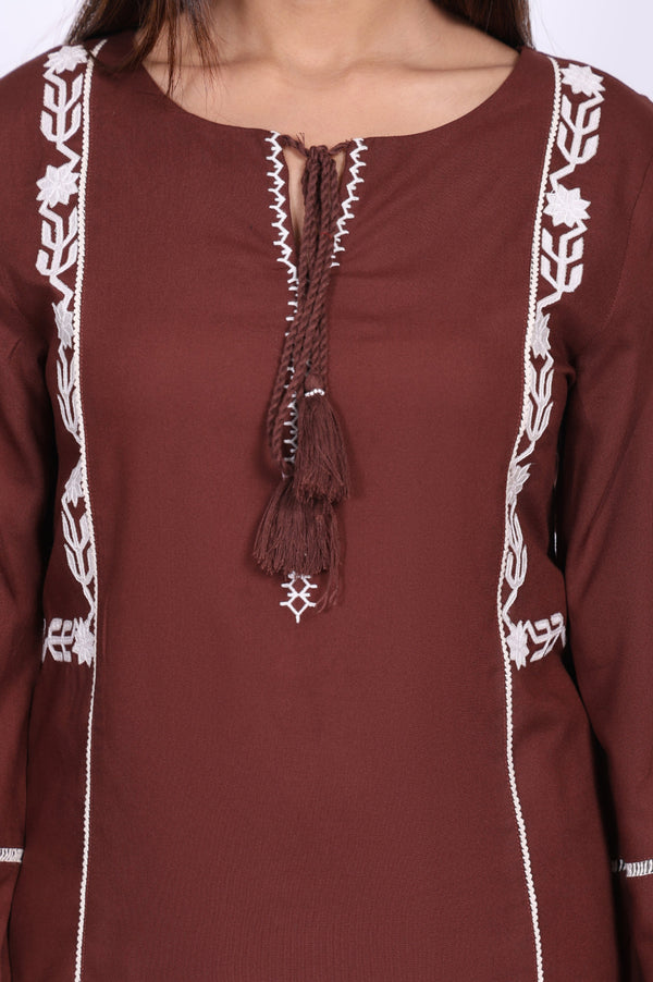 Brown Floral Embroidered Straight Top