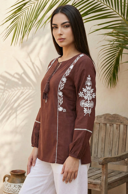 Brown Floral Embroidered Straight Top