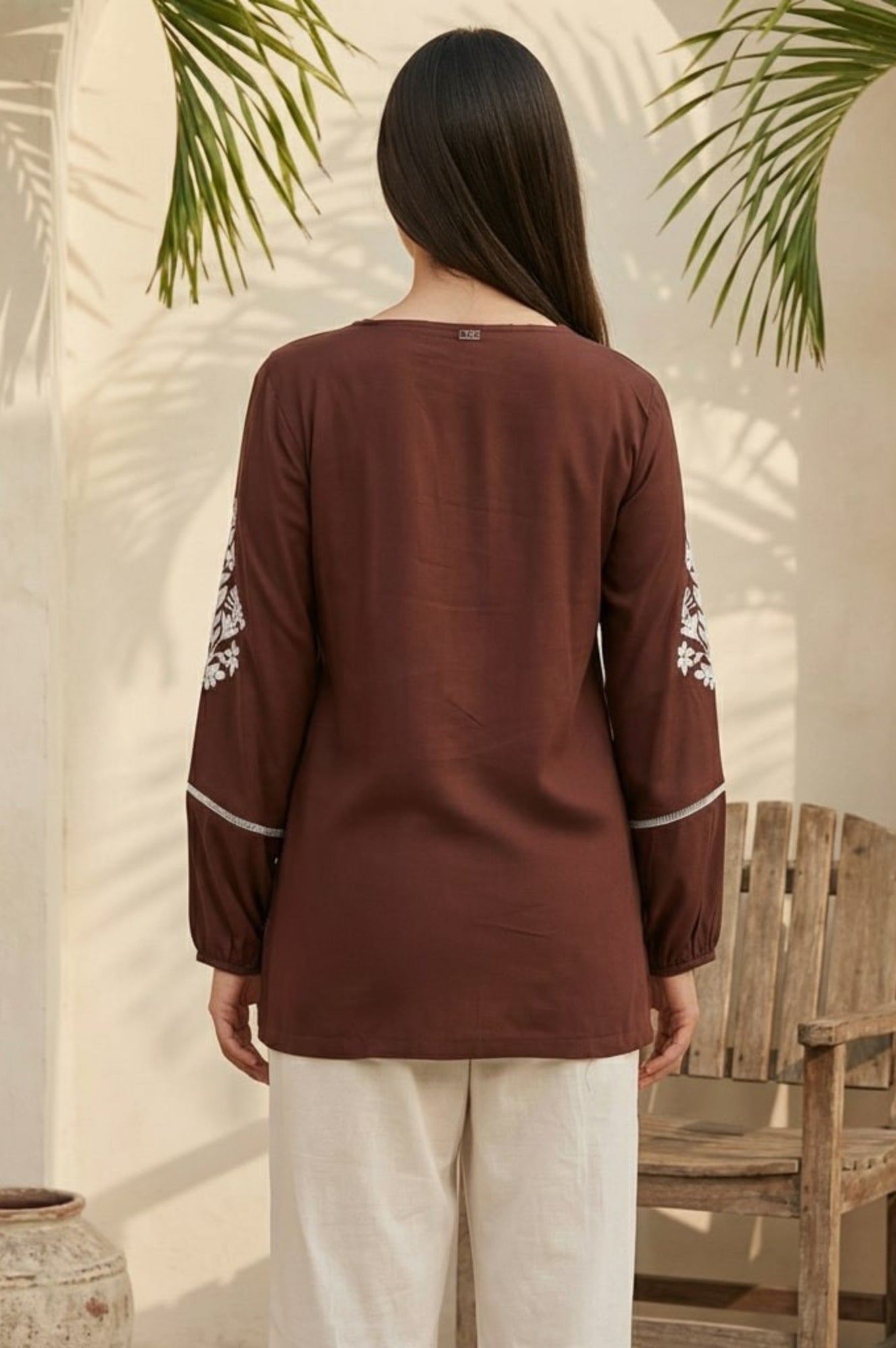 Brown Floral Embroidered Straight Top