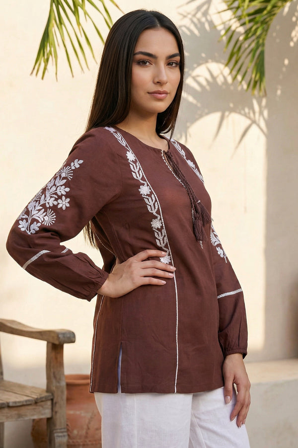 Brown Floral Embroidered Straight Top