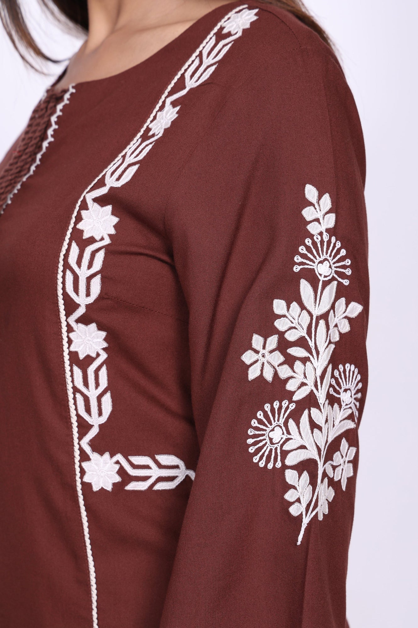 Brown Floral Embroidered Straight Top