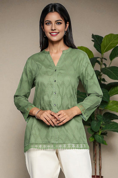 Green Yarn Dyed Printed Pure Cotton Straight Top