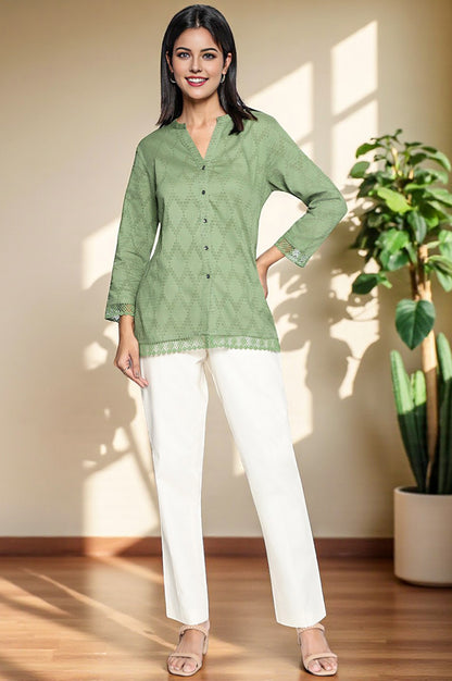 Green Yarn Dyed Printed Pure Cotton Straight Top