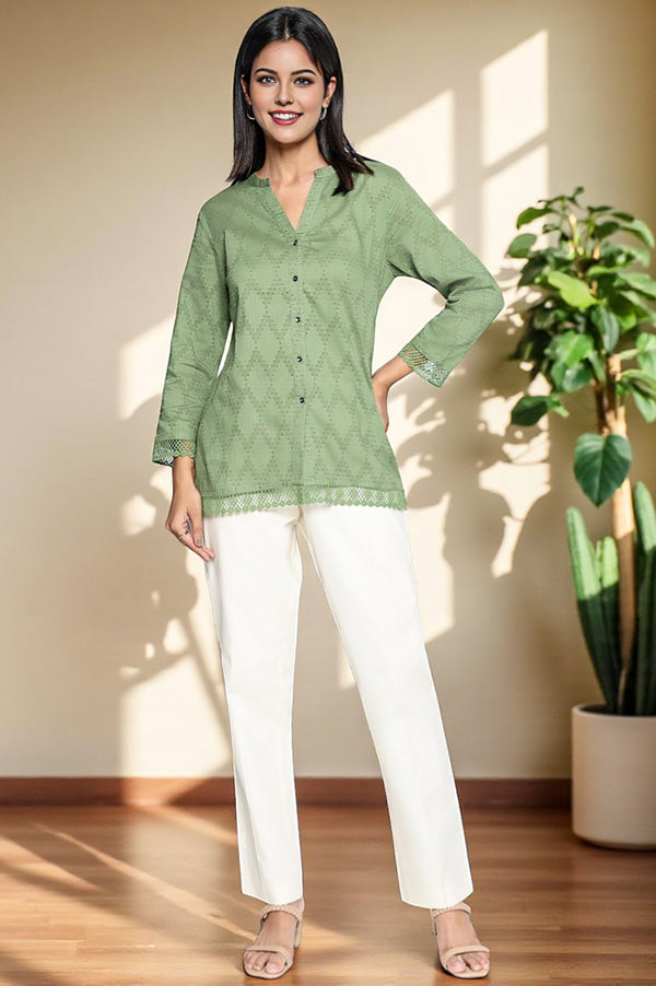 Green Yarn Dyed Printed Pure Cotton Straight Top