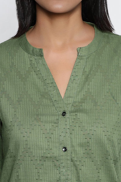 Green Yarn Dyed Printed Pure Cotton Straight Top