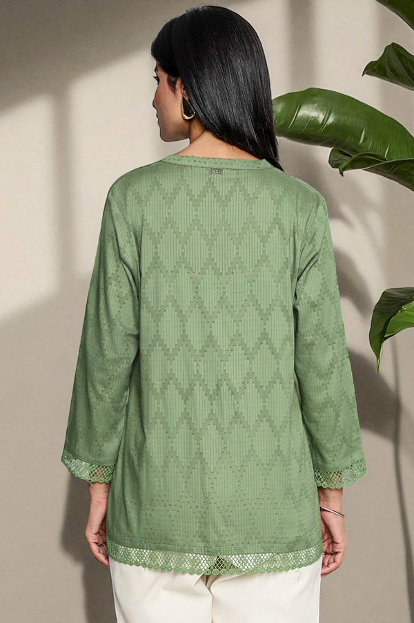 Green Yarn Dyed Printed Pure Cotton Straight Top