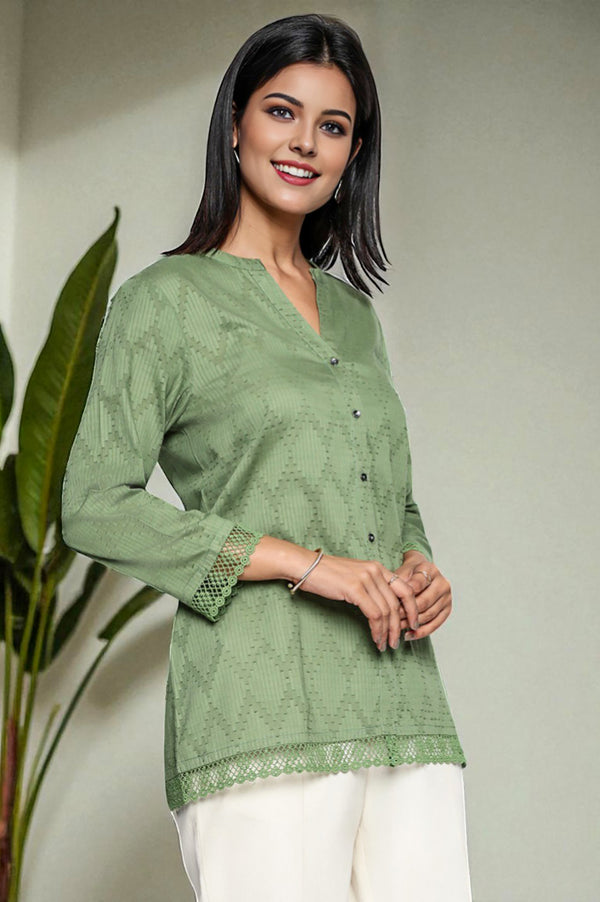 Green Yarn Dyed Printed Pure Cotton Straight Top