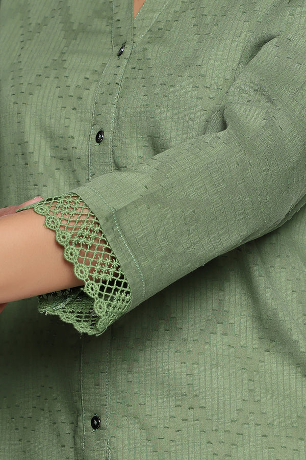 Green Yarn Dyed Printed Pure Cotton Straight Top