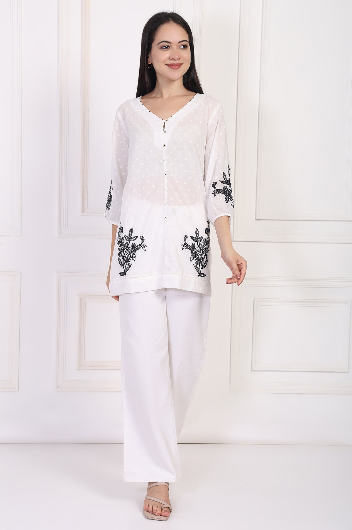 White Polka Dot Embroidered Straight Cotton Top - XS