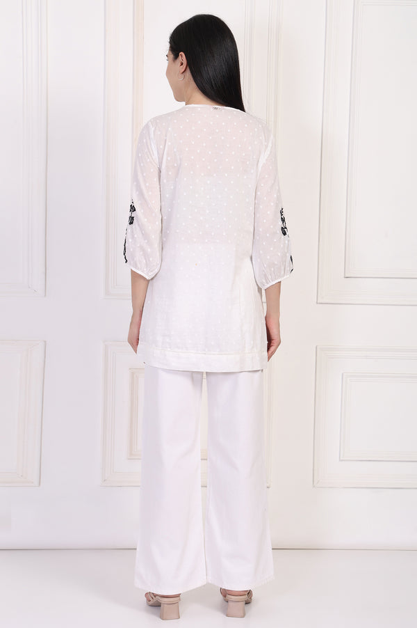 White Polka Dot Embroidered Straight Cotton Top