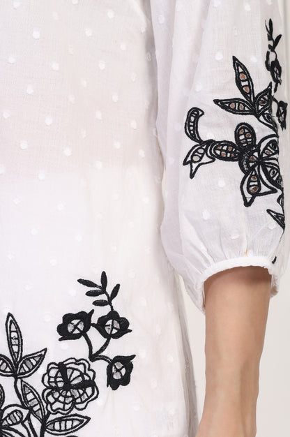 White Polka Dot Embroidered Straight Cotton Top