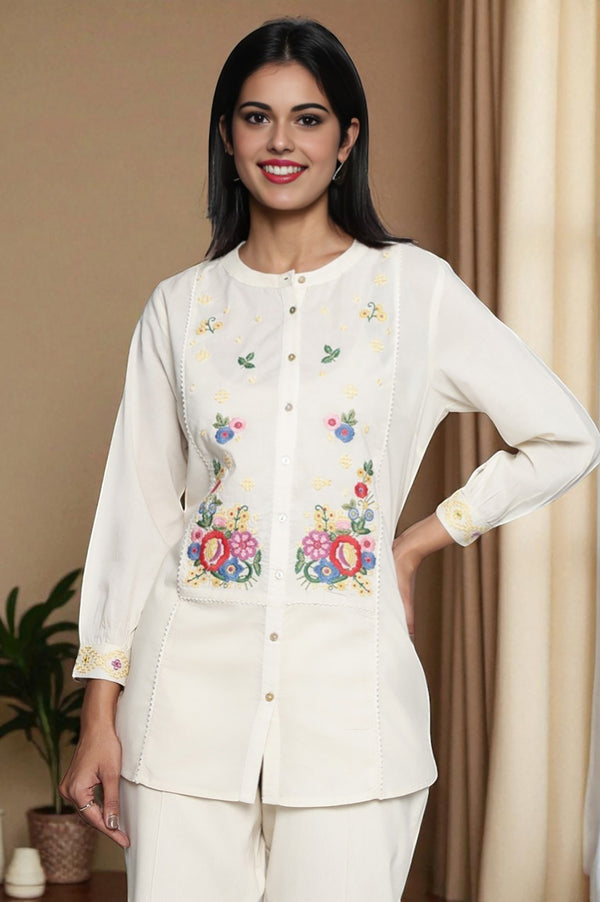 Off White Solid Printed Pure Cotton Straight Top