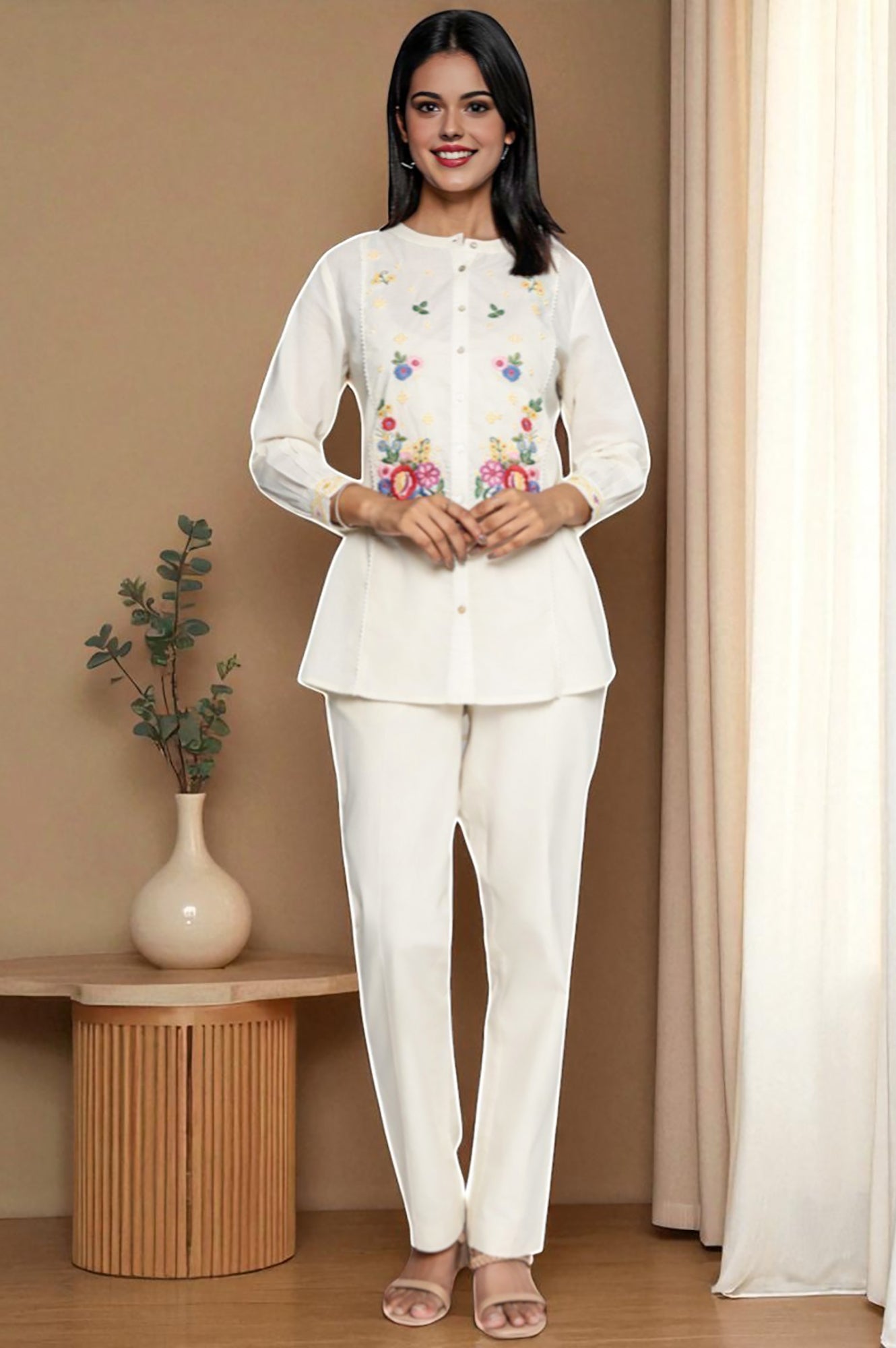 Off White Solid Printed Pure Cotton Straight Top