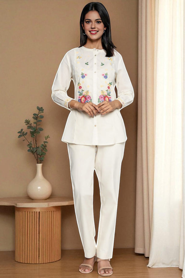 Off White Solid Printed Pure Cotton Straight Top