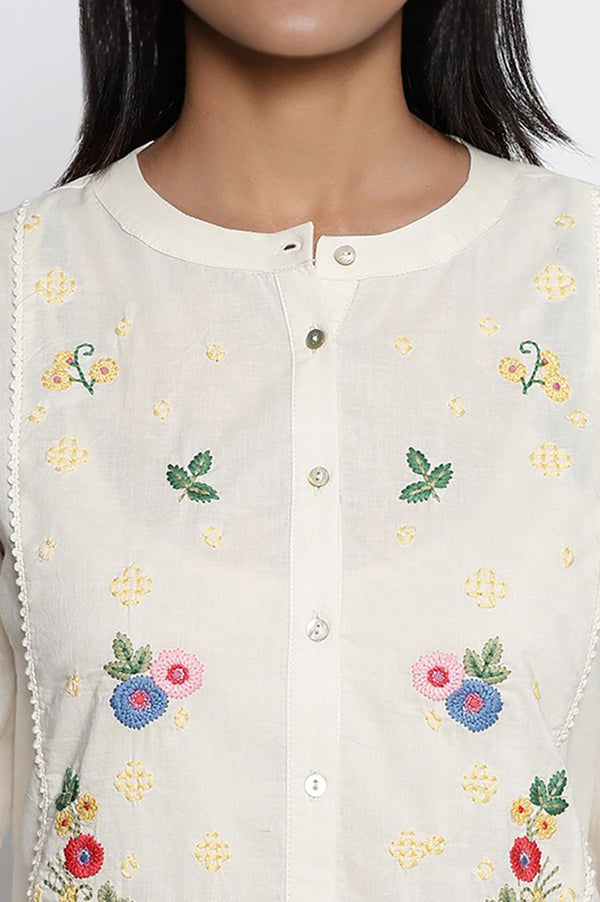 Off White Solid Printed Pure Cotton Straight Top