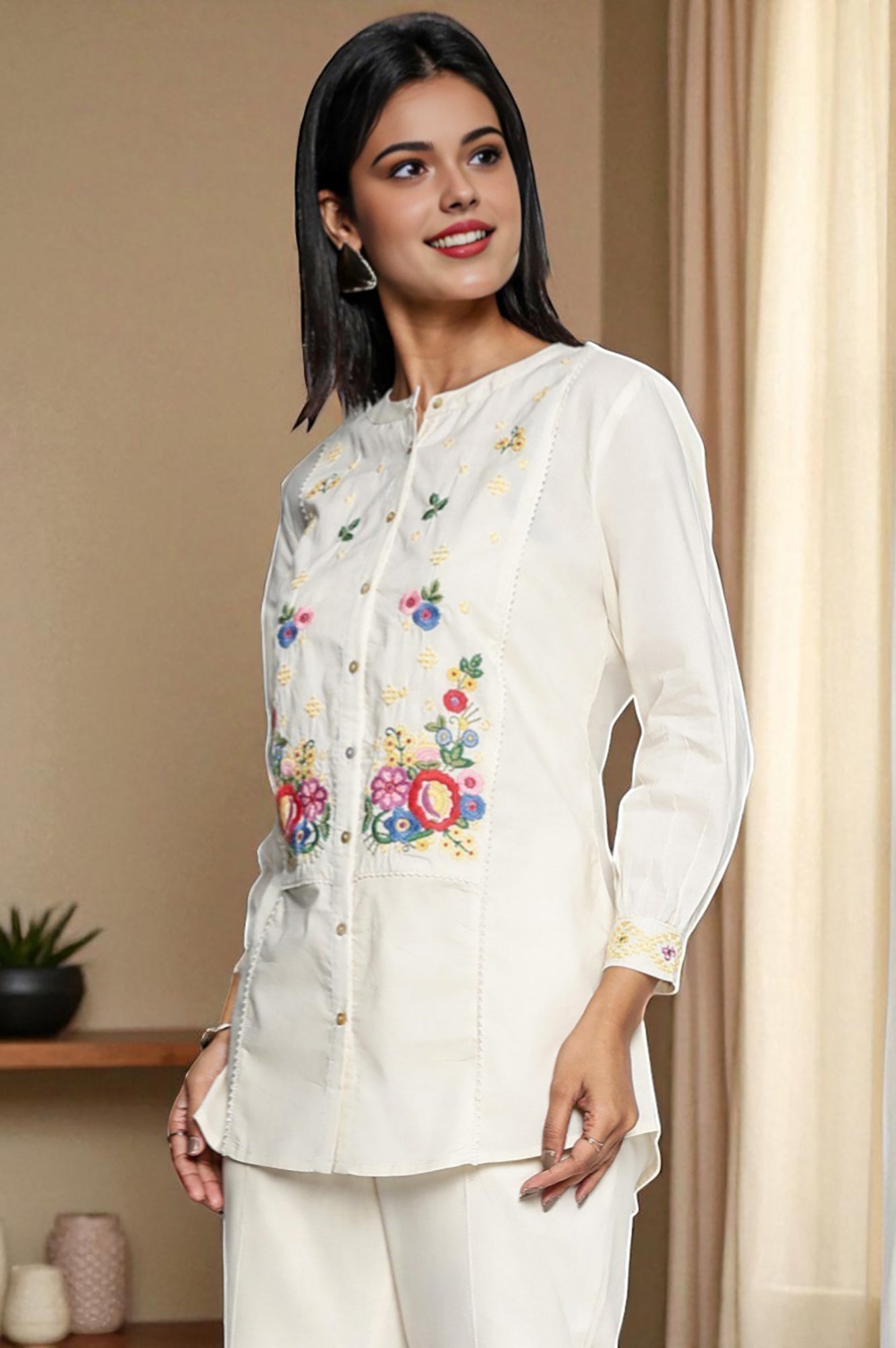 Off White Solid Printed Pure Cotton Straight Top