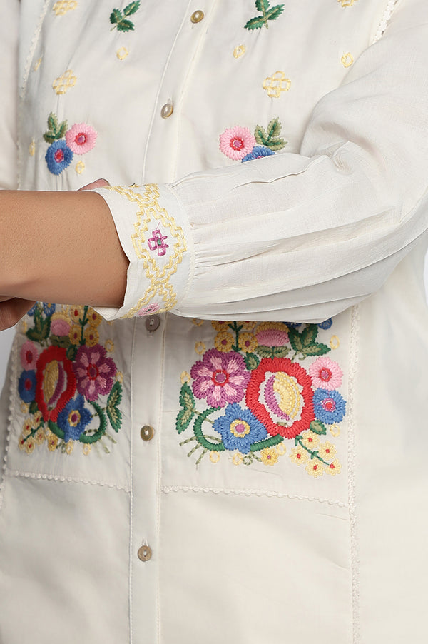 Off White Solid Printed Pure Cotton Straight Top