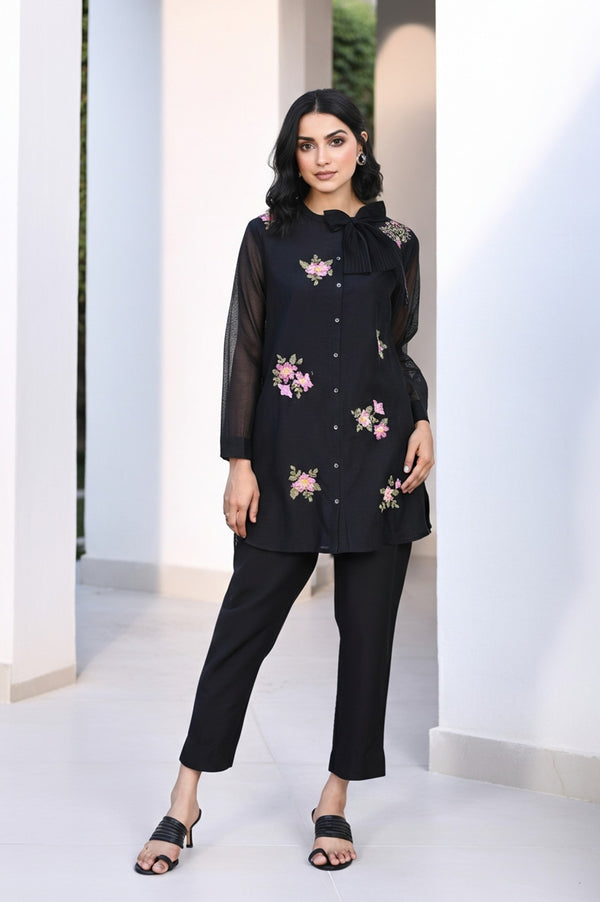 Black Embroidered Floral Thread Work Straight Kota Tunic