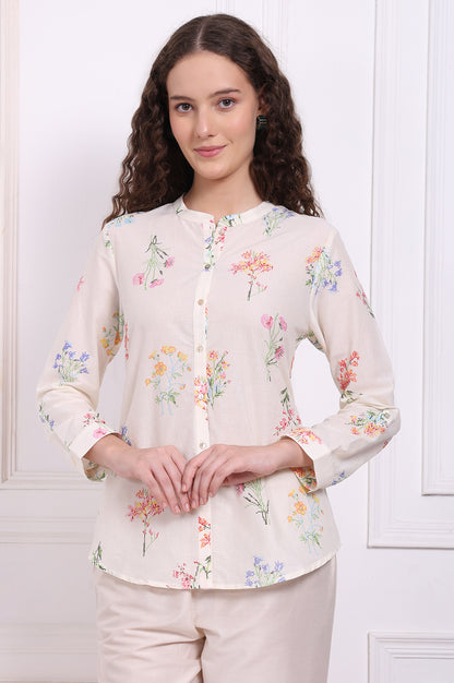 White Floral Printed Pure Cotton Mandarin Collar Shirt