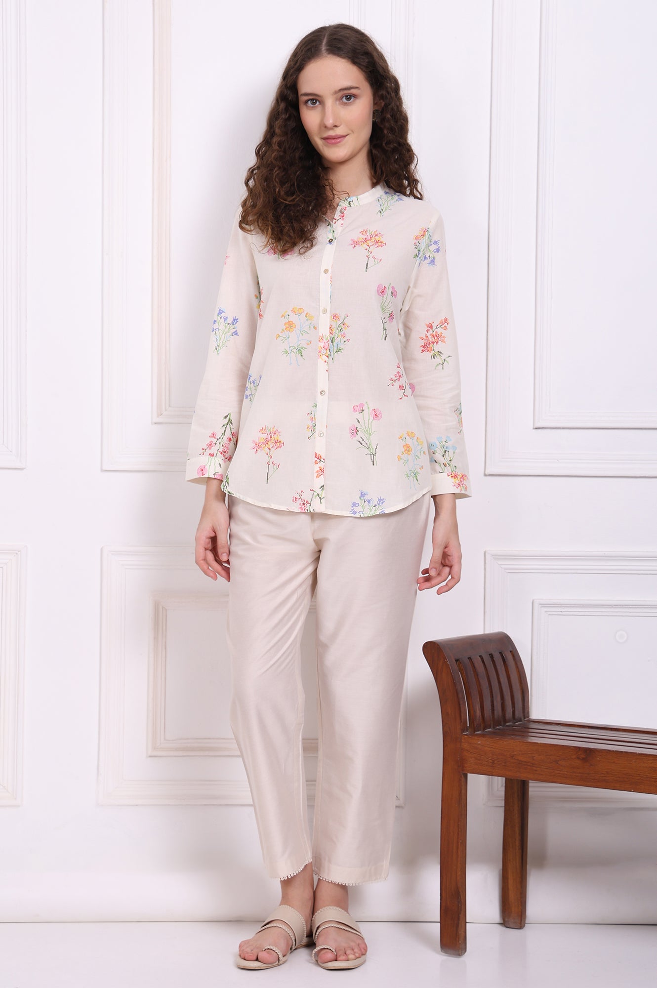 White Floral Printed Pure Cotton Mandarin Collar Shirt