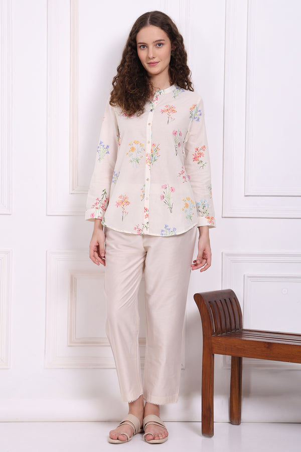 White Floral Printed Pure Cotton Mandarin Collar Shirt