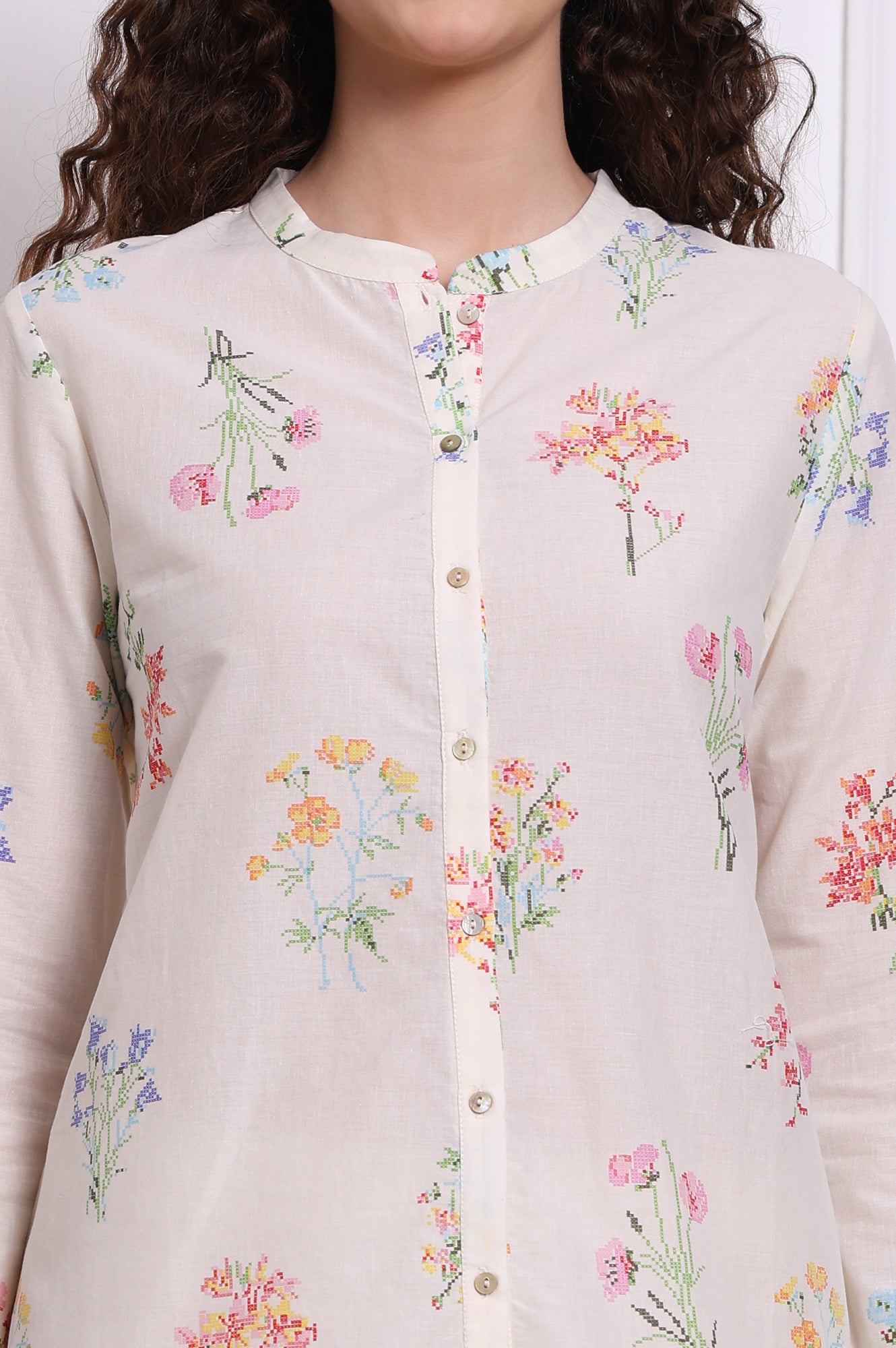 White Floral Printed Pure Cotton Mandarin Collar Shirt
