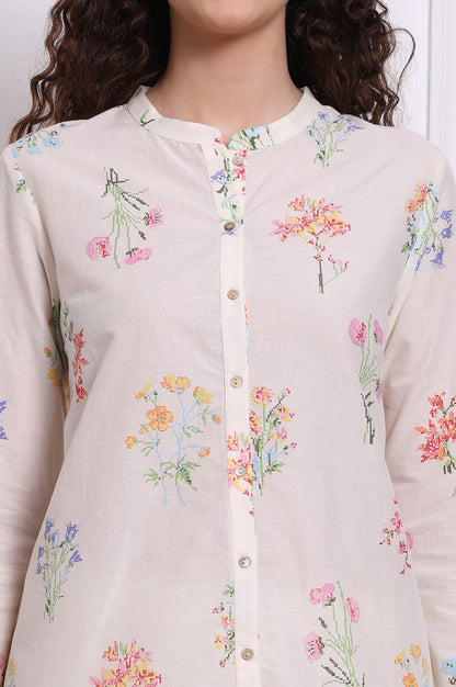 White Floral Printed Pure Cotton Mandarin Collar Shirt