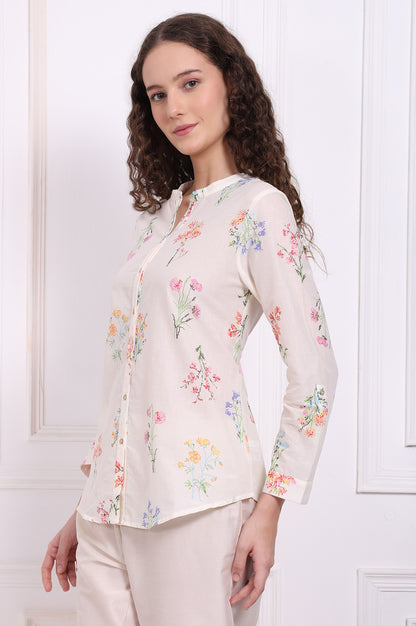 White Floral Printed Pure Cotton Mandarin Collar Shirt