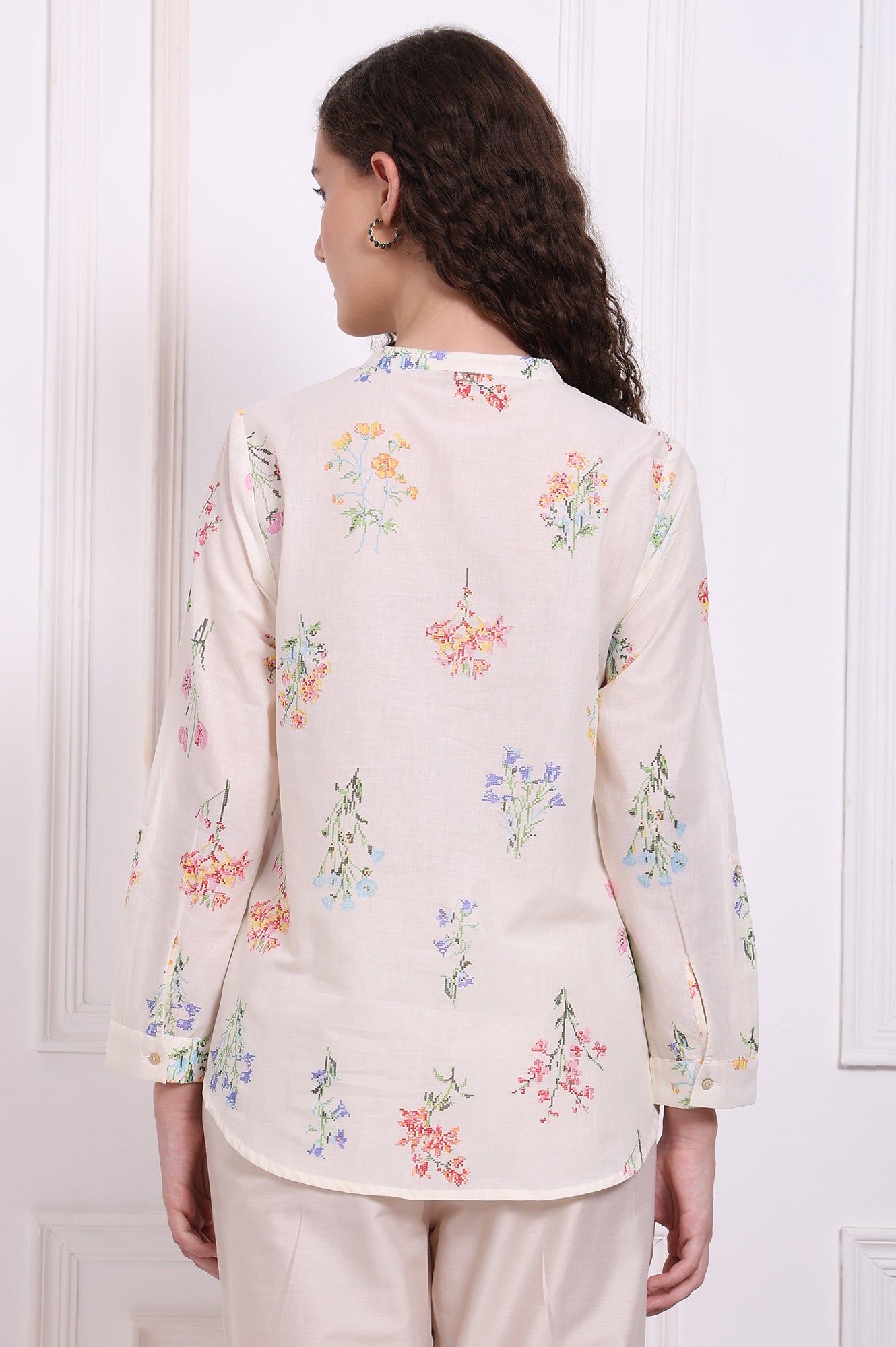 White Floral Printed Pure Cotton Mandarin Collar Shirt