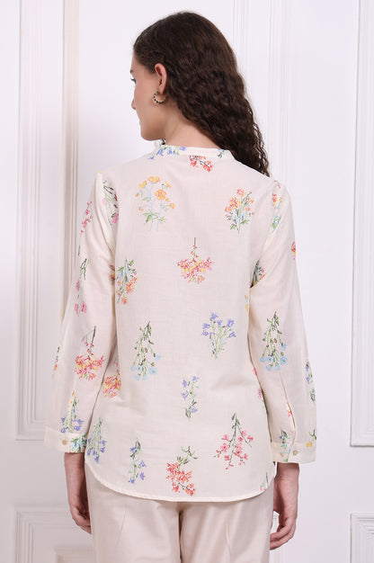 White Floral Printed Pure Cotton Mandarin Collar Shirt