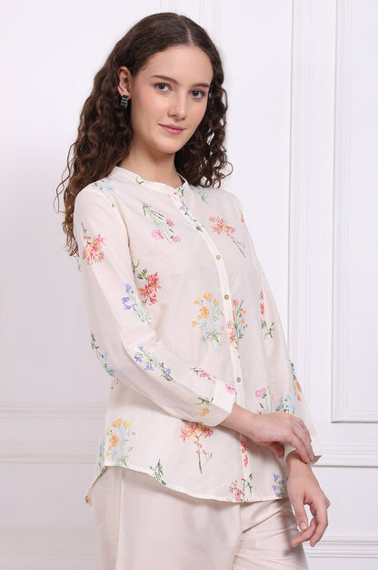 White Floral Printed Pure Cotton Mandarin Collar Shirt