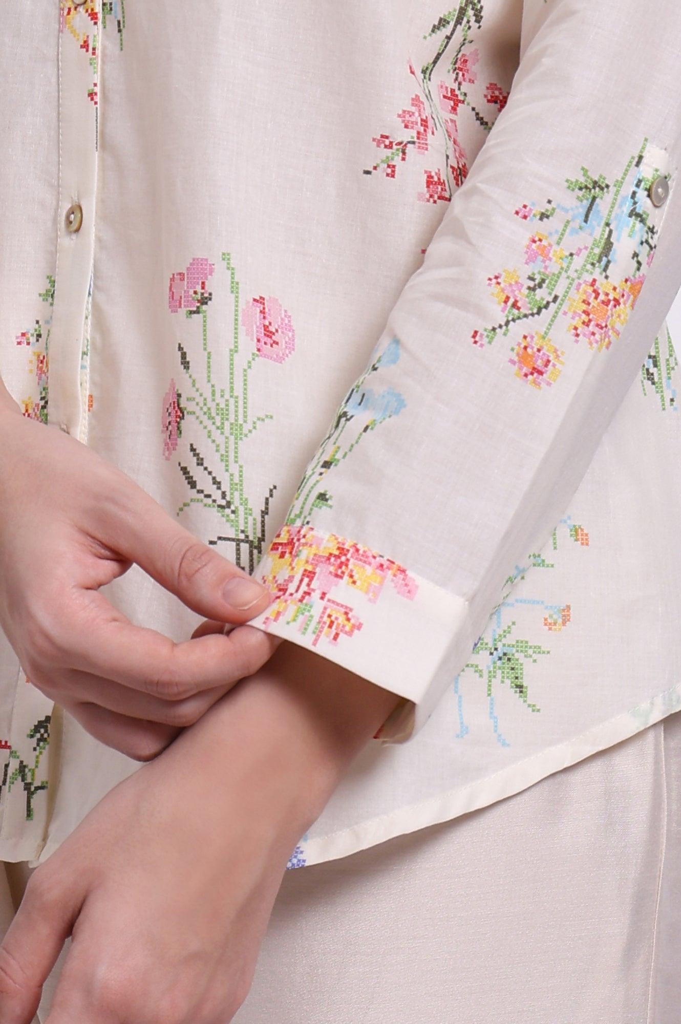White Floral Printed Pure Cotton Mandarin Collar Shirt