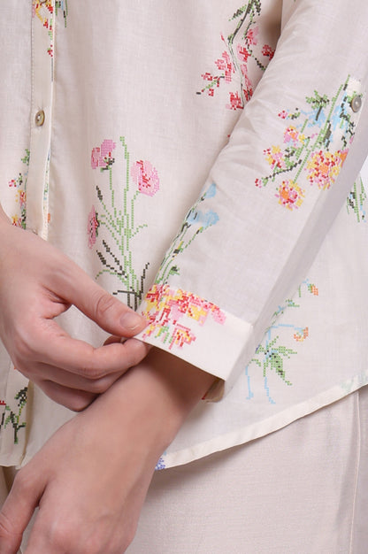 White Floral Printed Pure Cotton Mandarin Collar Shirt