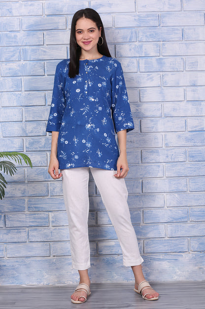 Blue Floral Printed Beaded Rayon Flax Top