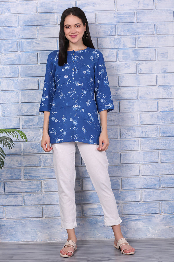 Blue Floral Printed Beaded Rayon Flax Top