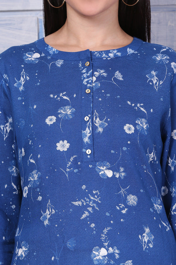 Blue Floral Printed Beaded Rayon Flax Top