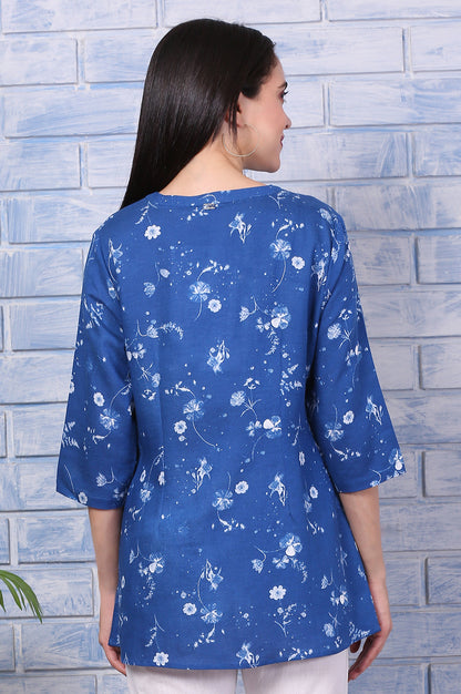 Blue Floral Printed Beaded Rayon Flax Top