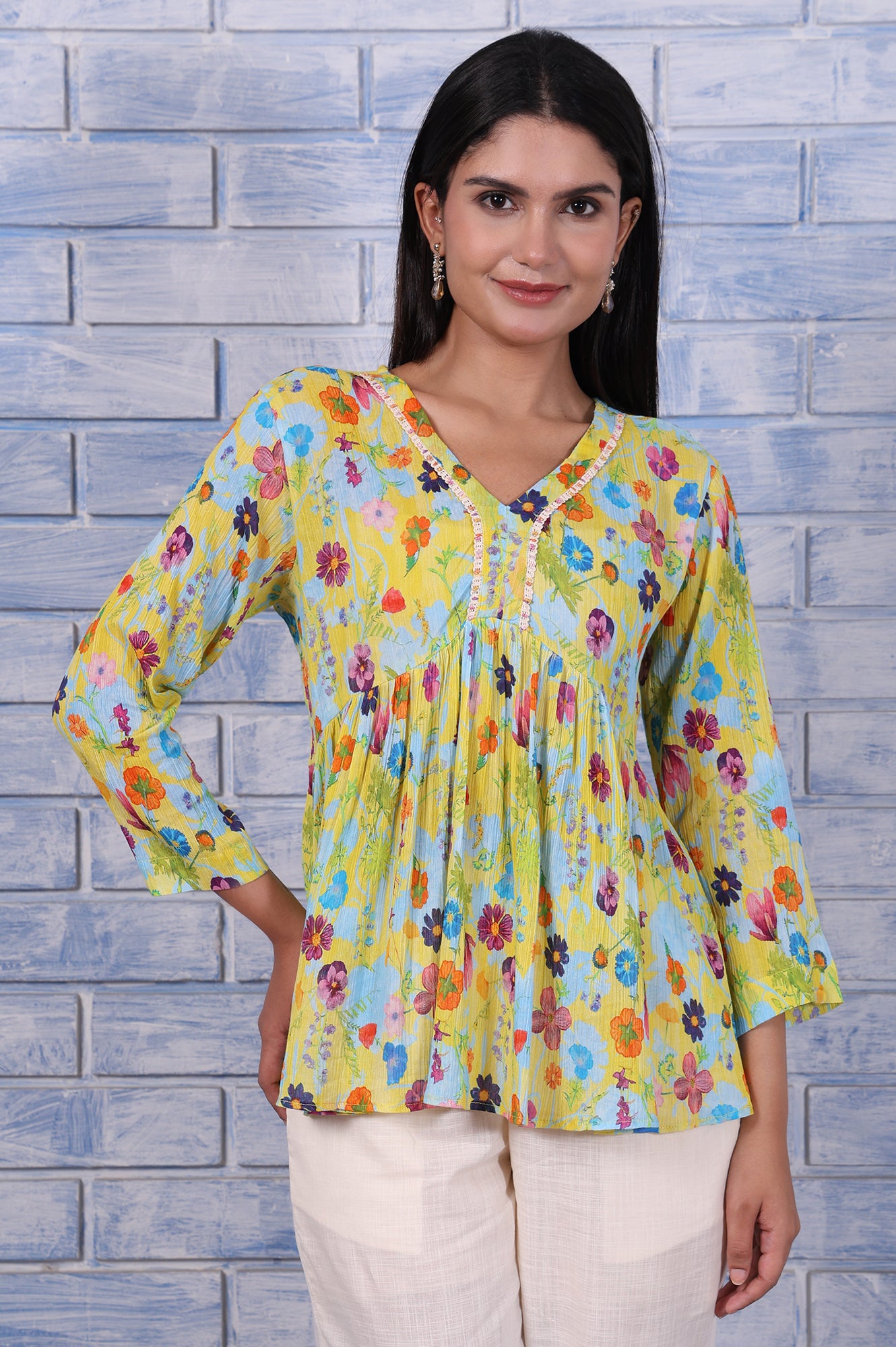 Yellow Floral Printed Thread Embroidered Pure Cotton Tops