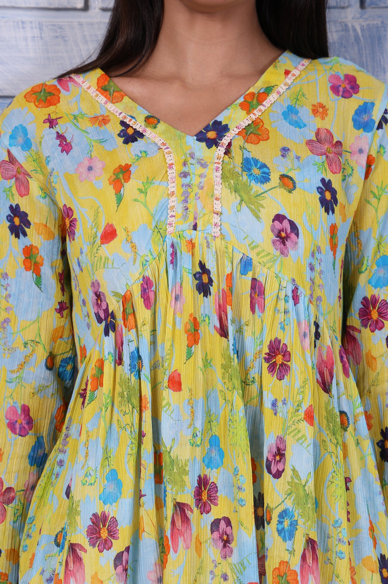 Yellow Floral Printed Thread Embroidered Pure Cotton Tops