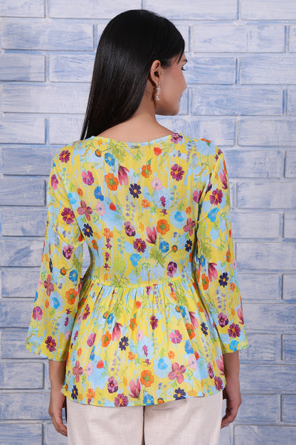 Yellow Floral Printed Thread Embroidered Pure Cotton Tops