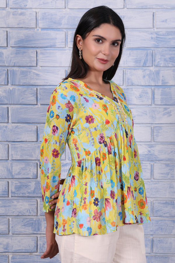 Yellow Floral Printed Thread Embroidered Pure Cotton Tops