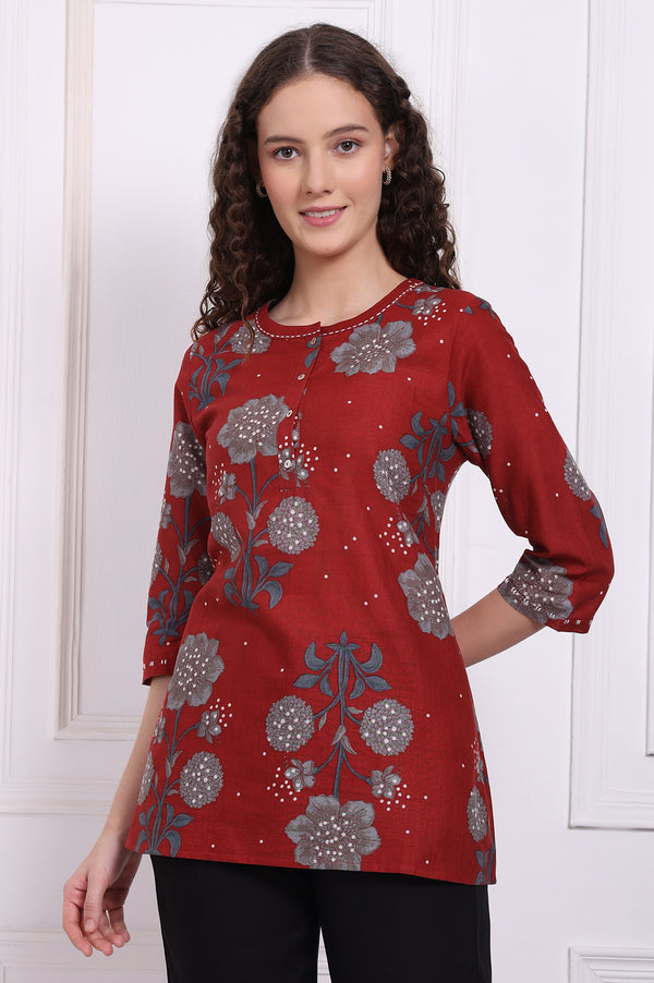 Red Floral Printed Pure Cotton Top