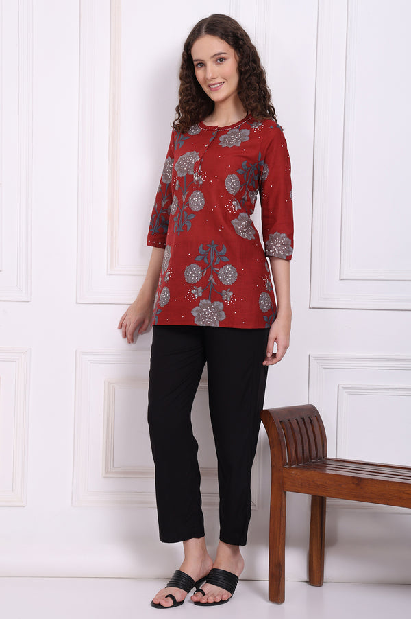 Red Floral Printed Pure Cotton Top
