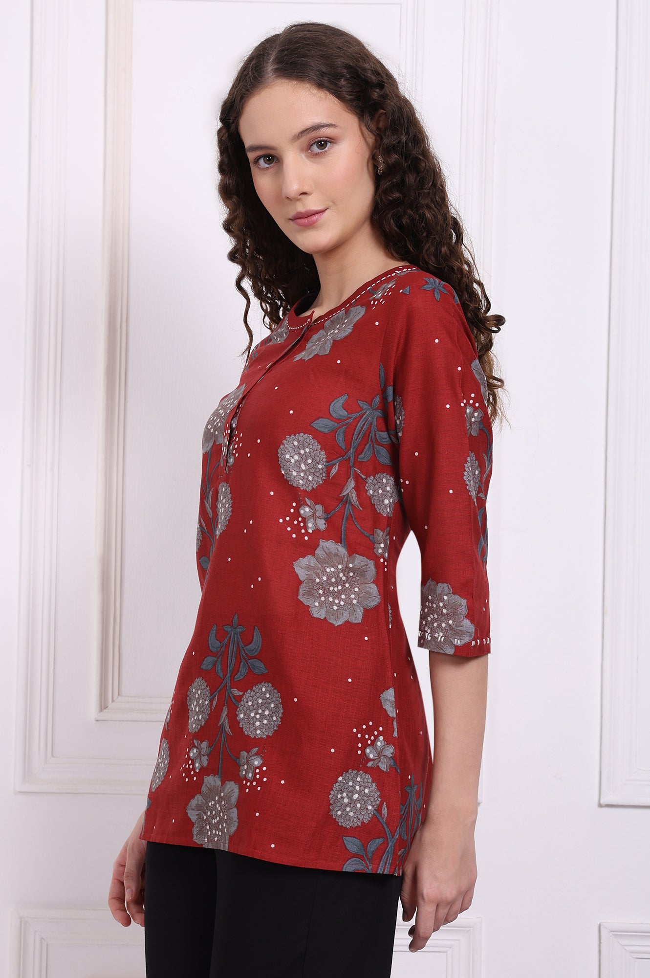 Red Floral Printed Pure Cotton Top