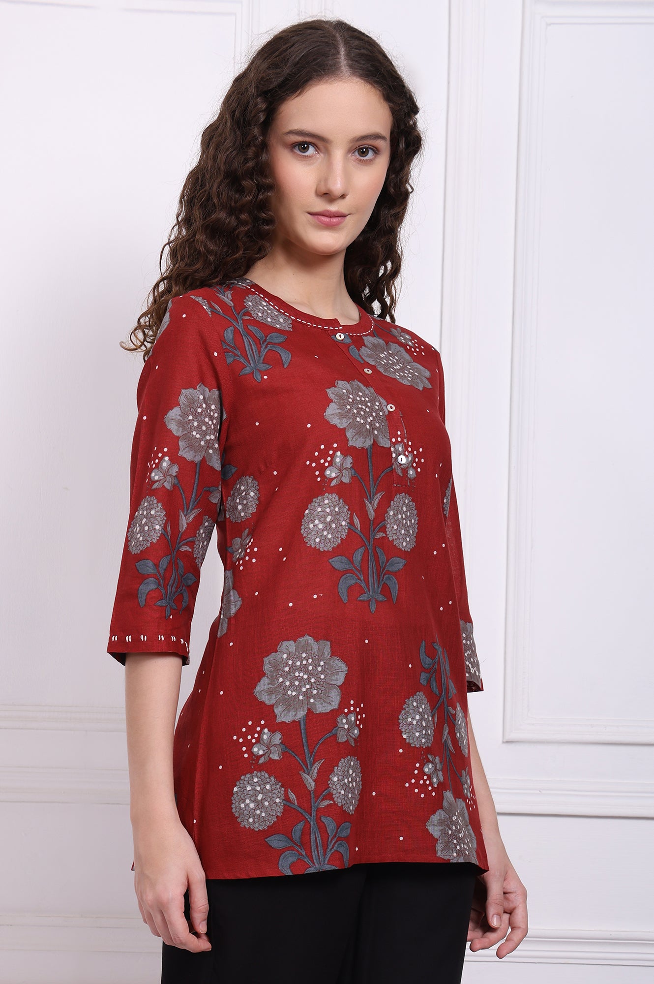 Red Floral Printed Pure Cotton Top