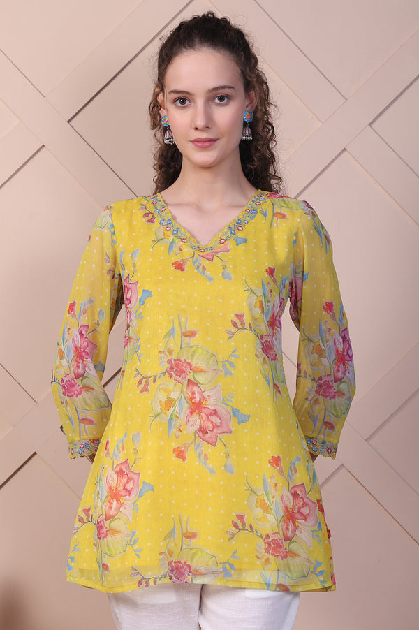 Yellow Floral Printed Chiffon A-line Top with Embroidered Neck