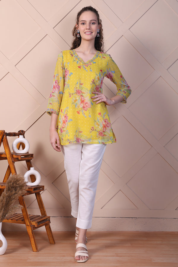 Yellow Floral Printed Chiffon A-line Top with Embroidered Neck