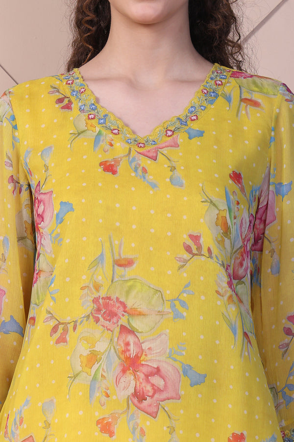Yellow Floral Printed Chiffon A-line Top with Embroidered Neck