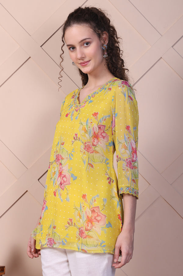 Yellow Floral Printed Chiffon A-line Top with Embroidered Neck